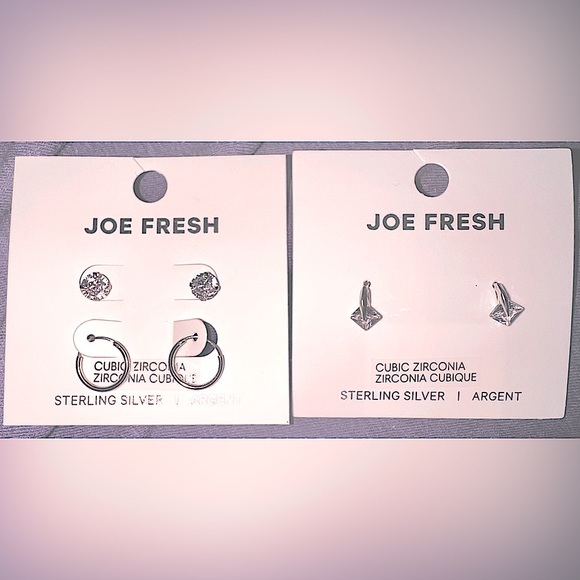 Sterling Silver with Cubic Zirconia earrings set (3x pairs = 2x studs 1x hoops) - Picture 3 of 7